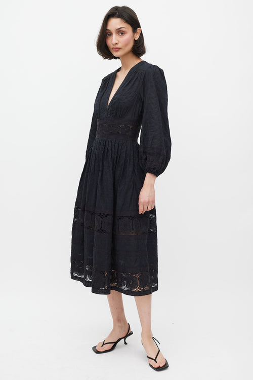 Zimmermann Black Swiss Dot Cotton  V-Neck Midi Dress