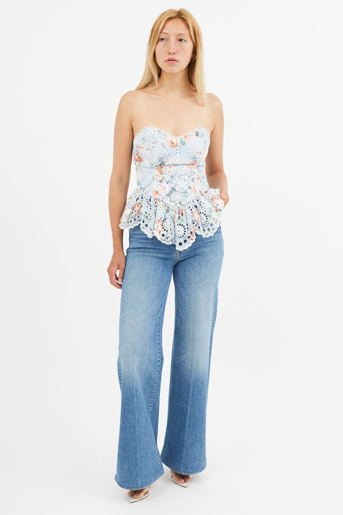 Zimmermann Blue Bowie Floral Lace Strapless Bustier