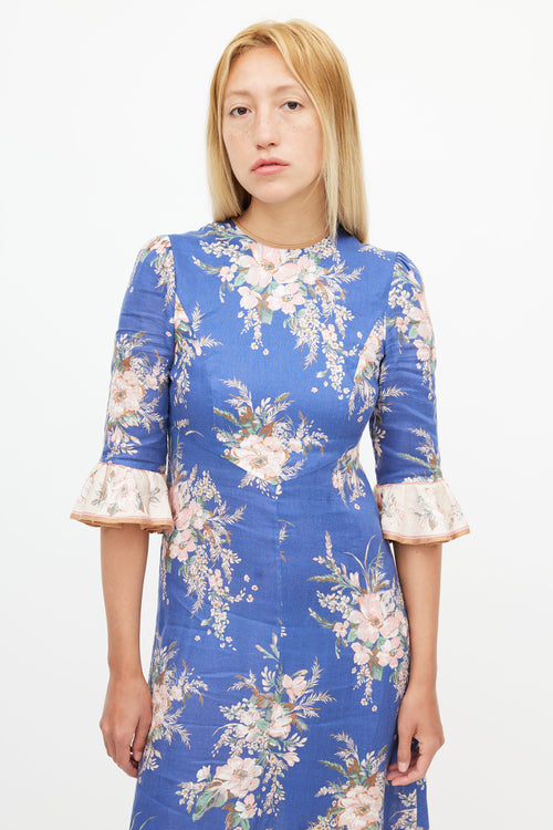 Zimmermann Blue 
Multicolour Floral Ruffled Dress