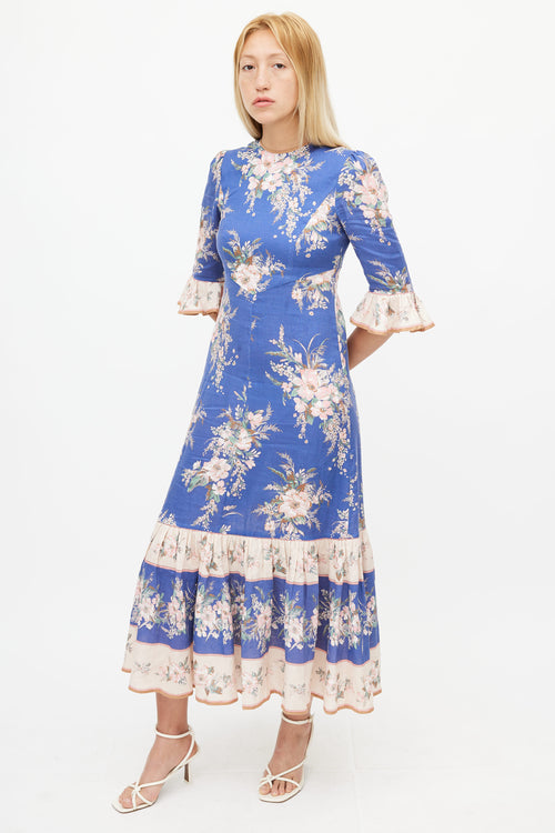 Zimmermann Blue 
Multicolour Floral Ruffled Dress