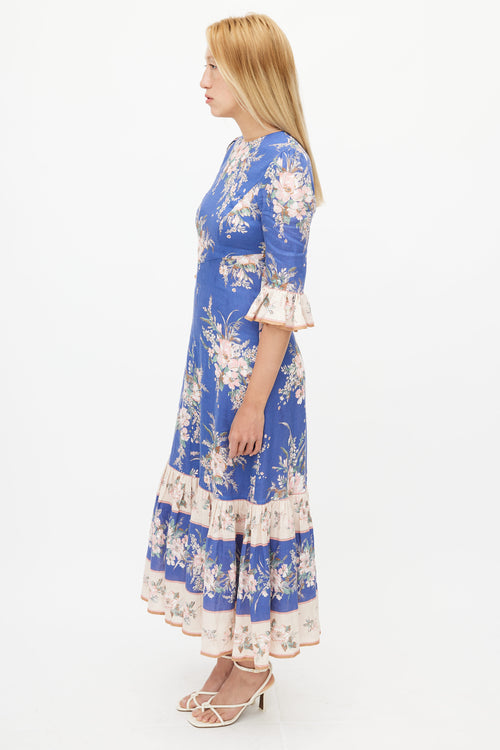 Zimmermann Blue 
Multicolour Floral Ruffled Dress