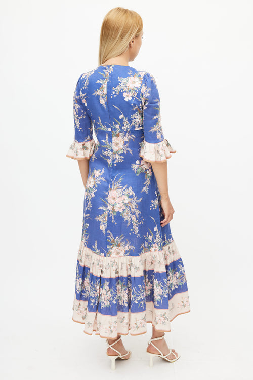 Zimmermann Blue 
Multicolour Floral Ruffled Dress