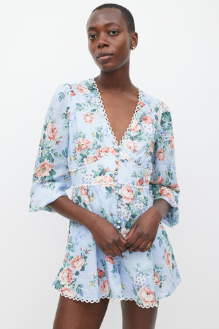 Zimmermann Blue 
Multicolour Linen Floral Jumpsuit