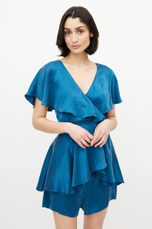 Zimmermann Blue Silk Ruffled Wrap Romper