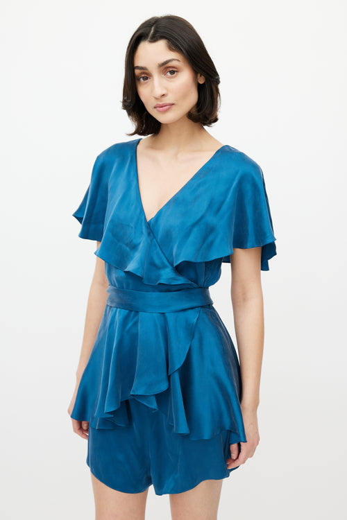 Zimmermann Blue Silk Ruffled Wrap Romper