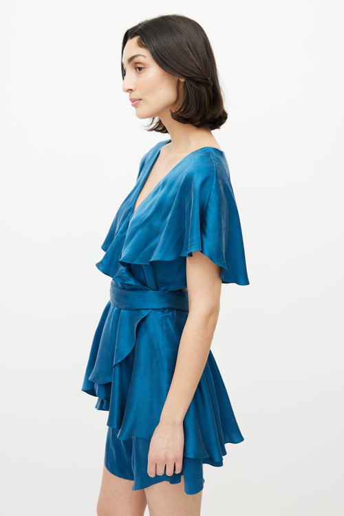 Zimmermann Blue Silk Ruffled Wrap Romper