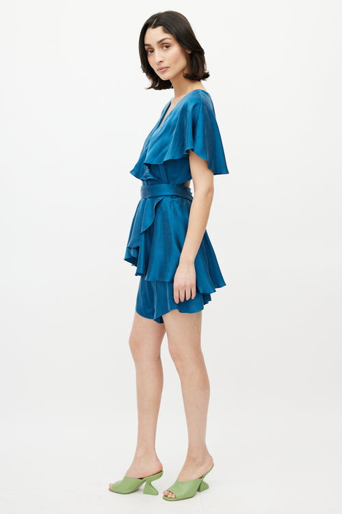 Zimmermann Blue Silk Ruffled Wrap Romper