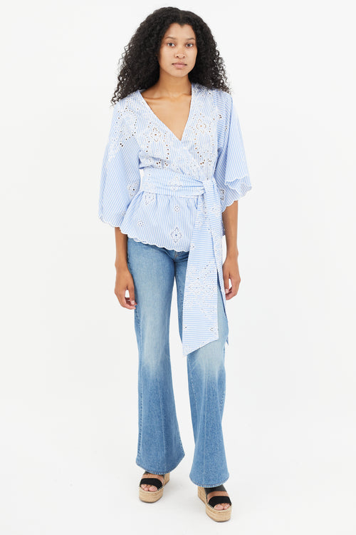 Zimmermann Blue 
White Stripe Eyelet Wrap Top