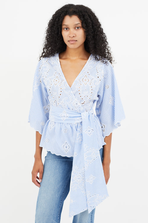 Zimmermann Blue 
White Stripe Eyelet Wrap Top