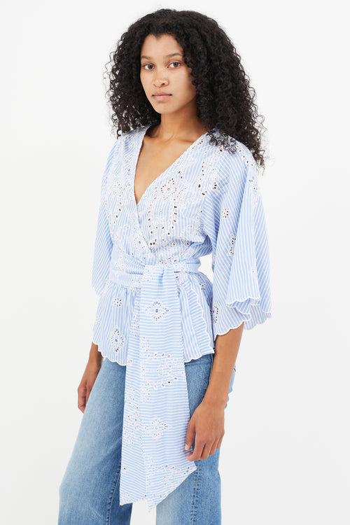 Zimmermann Blue 
White Stripe Eyelet Wrap Top