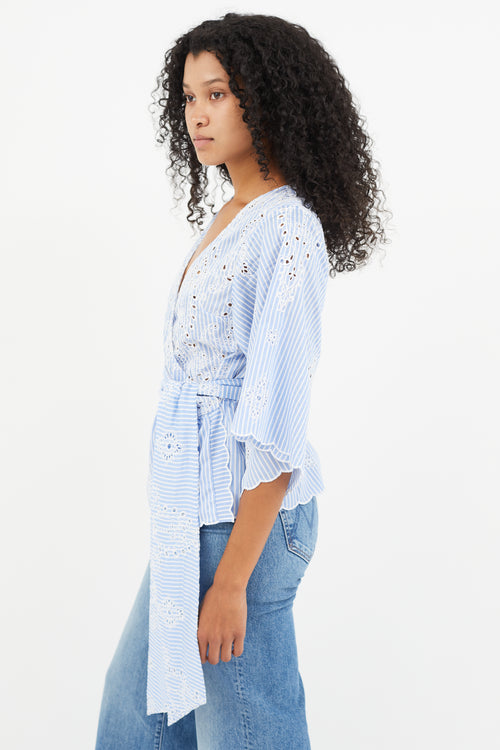 Zimmermann Blue 
White Stripe Eyelet Wrap Top