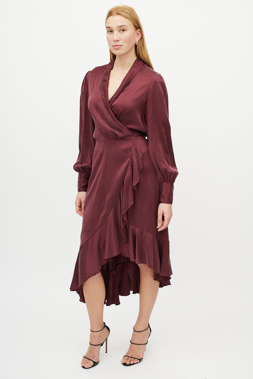 Zimmermann Burgundy Silk Ruffled Wrap Dress