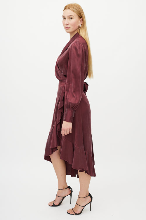 Zimmermann Burgundy Silk Ruffled Wrap Dress