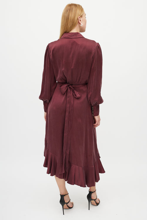 Zimmermann Burgundy Silk Ruffled Wrap Dress