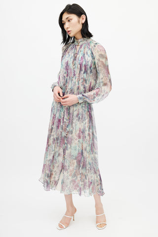 Zimmermann Cream 
Multicolour Floral Silk Pleated Dress