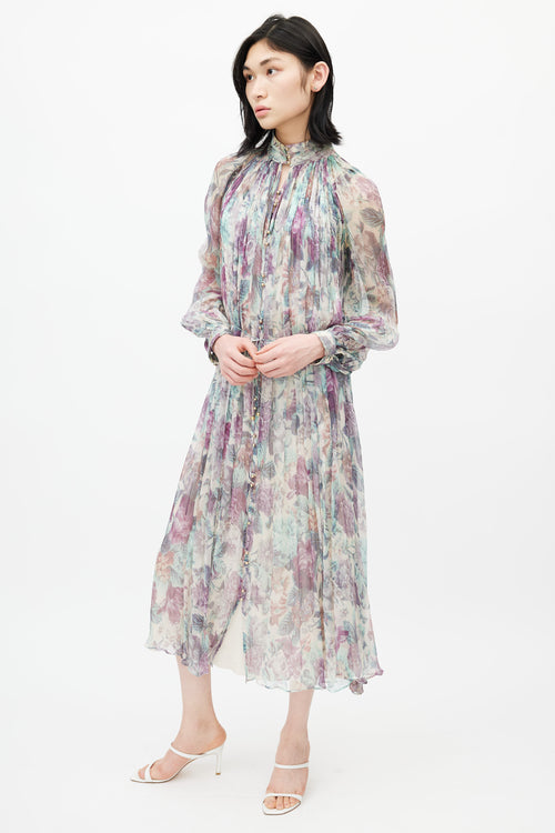 Zimmermann Cream 
Multicolour Floral Silk Pleated Dress