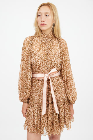 Zimmermann Fall 2019 Brown 
Pink Silk Printed Espionage Belted Dress