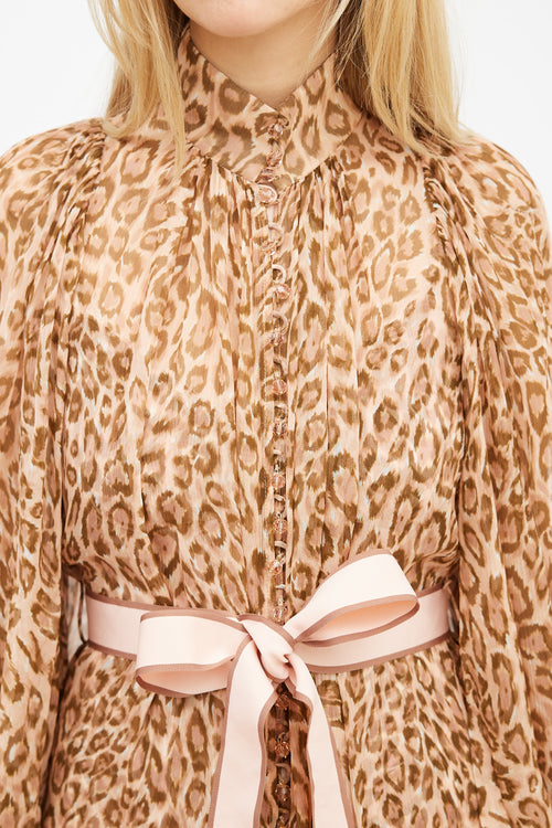 Zimmermann Fall 2019 Brown 
Pink Silk Printed Espionage Belted Dress