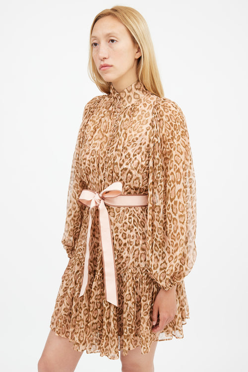 Zimmermann Fall 2019 Brown 
Pink Silk Printed Espionage Belted Dress