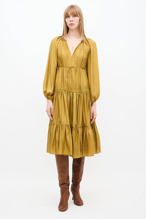 Zimmermann Gold Silk Tiered Estelle Midi Dress