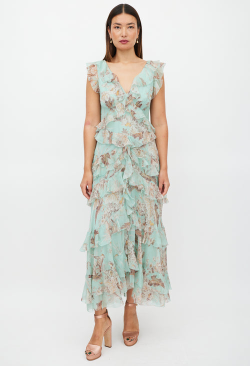 Zimmermann Green 
Brown Silk Ruffled Floral Dress