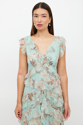 Zimmermann Green 
Brown Silk Ruffled Floral Dress