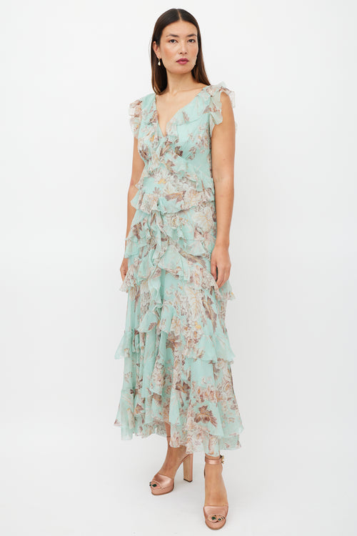 Zimmermann Green 
Brown Silk Ruffled Floral Dress