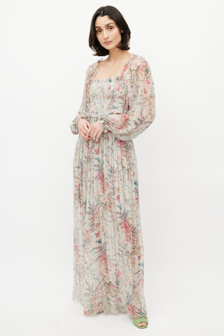 Zimmermann Grey 
Multicolour Floral Silk Gathered Dress