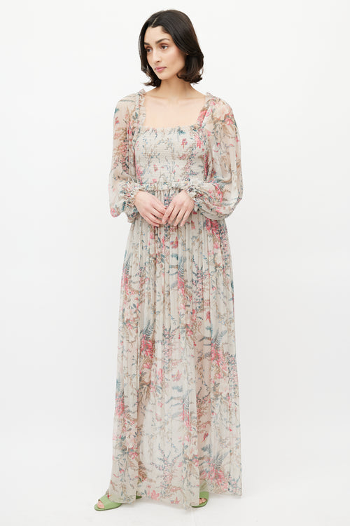 Zimmermann Grey 
Multicolour Floral Silk Gathered Dress