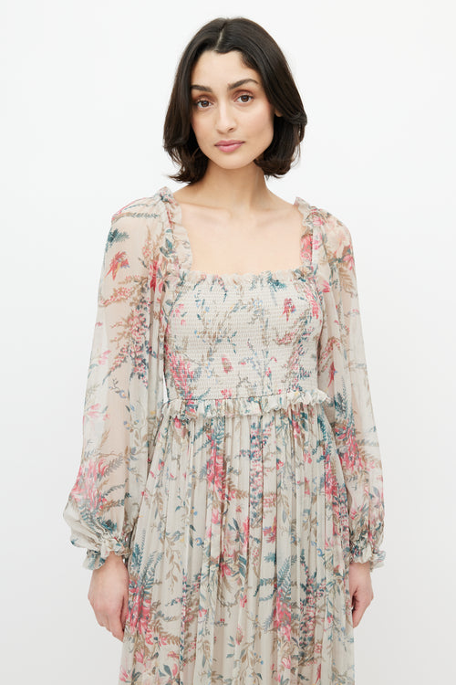 Zimmermann Grey 
Multicolour Floral Silk Gathered Dress