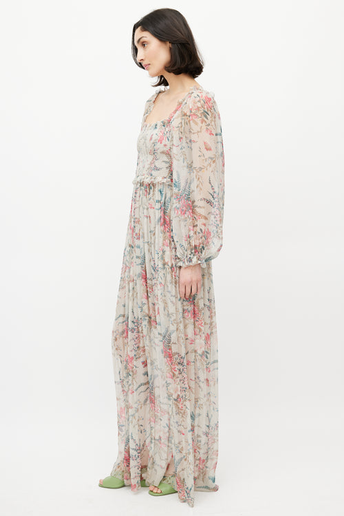 Zimmermann Grey 
Multicolour Floral Silk Gathered Dress