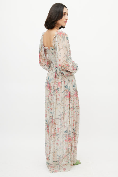 Zimmermann Grey 
Multicolour Floral Silk Gathered Dress