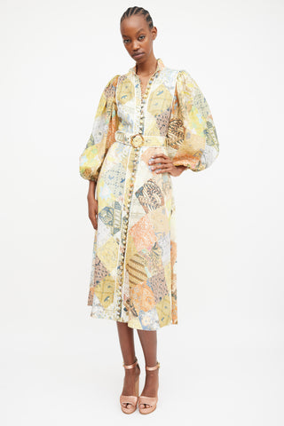 Zimmermann Multicolour Linen Patchwork Brightside Belted Shirt Dress