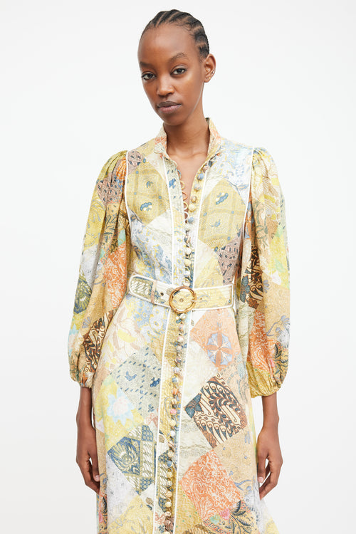 Zimmermann Multicolour Linen Patchwork Brightside Belted Shirt Dress