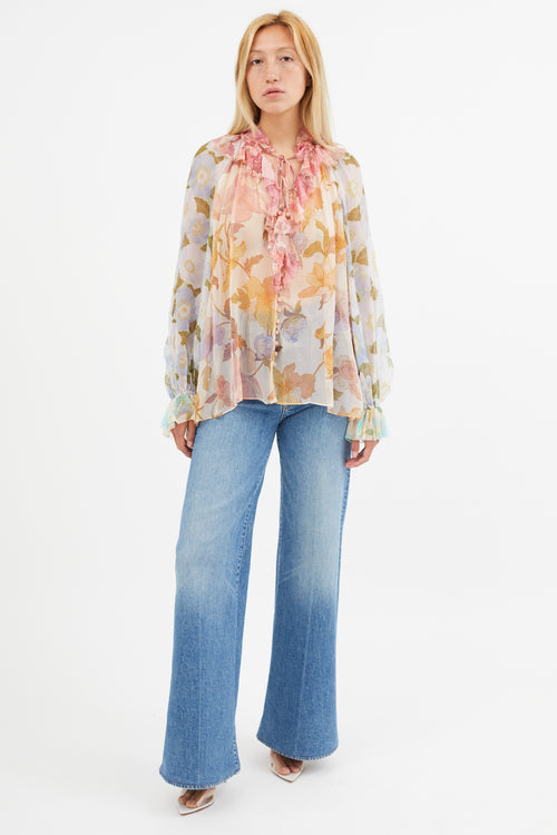 Zimmermann Multicolour Silk Floral Semi Sheer Blouse