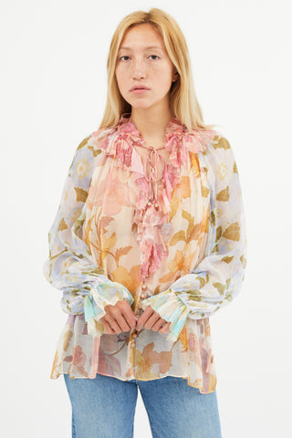 Zimmermann Multicolour Silk Floral Semi Sheer Blouse