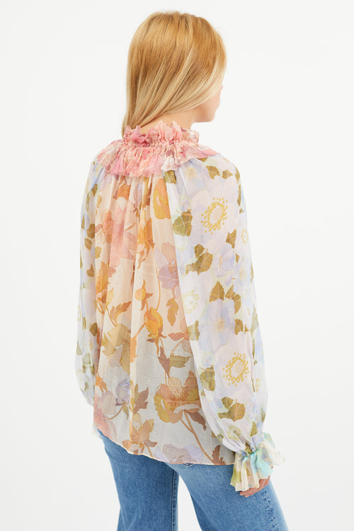 Zimmermann Multicolour Silk Floral Semi Sheer Blouse