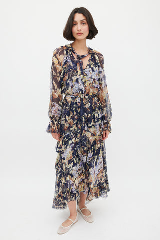 Zimmermann Navy 
Multicolour Floral Silk Ruffled Dress