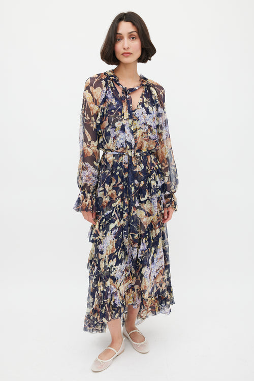 Zimmermann Navy 
Multicolour Floral Silk Ruffled Dress