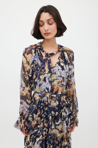 Zimmermann Navy 
Multicolour Floral Silk Ruffled Dress