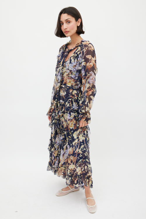 Zimmermann Navy 
Multicolour Floral Silk Ruffled Dress