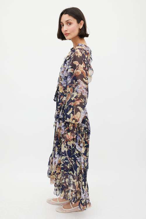 Zimmermann Navy 
Multicolour Floral Silk Ruffled Dress