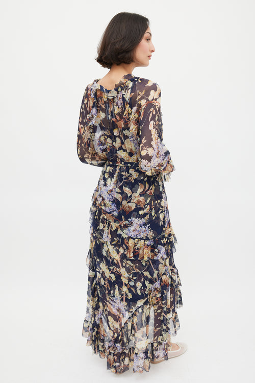 Zimmermann Navy 
Multicolour Floral Silk Ruffled Dress