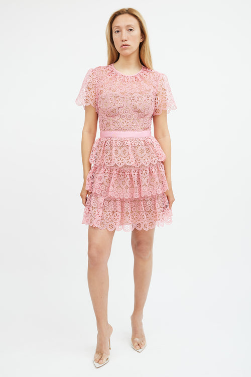 Self-Portrait Pink Lace Tiered Mini Dress