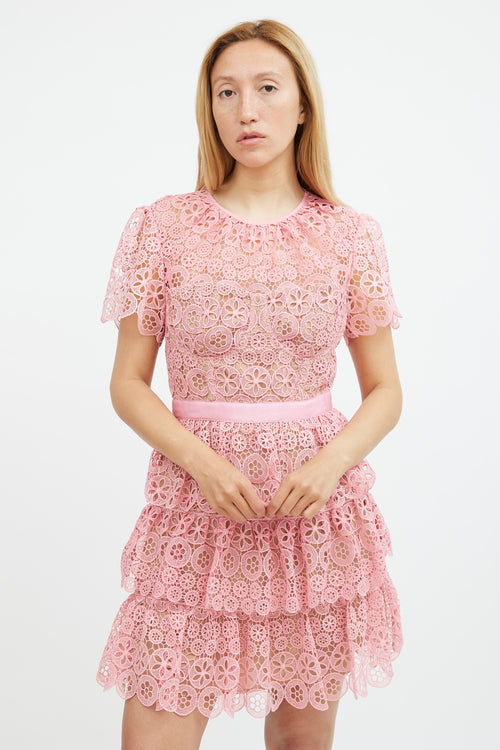 Self-Portrait Pink Lace Tiered Mini Dress