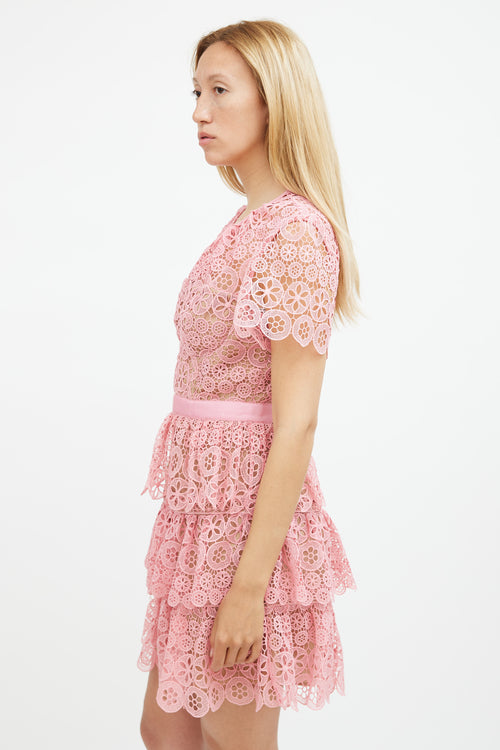 Self-Portrait Pink Lace Tiered Mini Dress