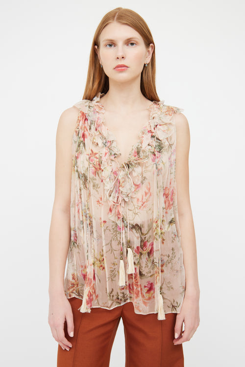 Zimmermann Pink Sheer Silk Ruffle Sleeveless Top