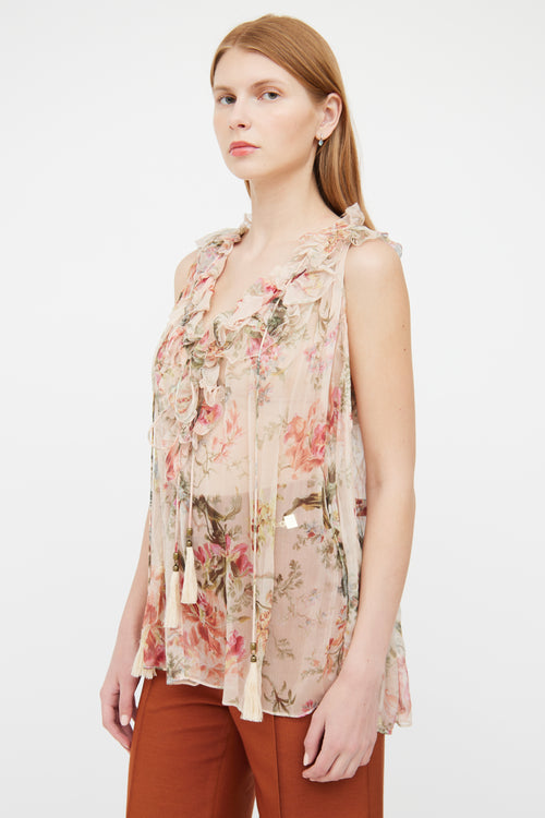 Zimmermann Pink Sheer Silk Ruffle Sleeveless Top