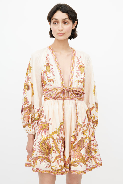 Zimmermann Pink Linen Floral Cassia Mini Dress