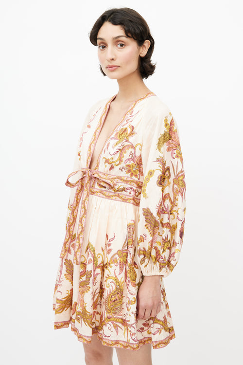 Zimmermann Pink Linen Floral Cassia Mini Dress